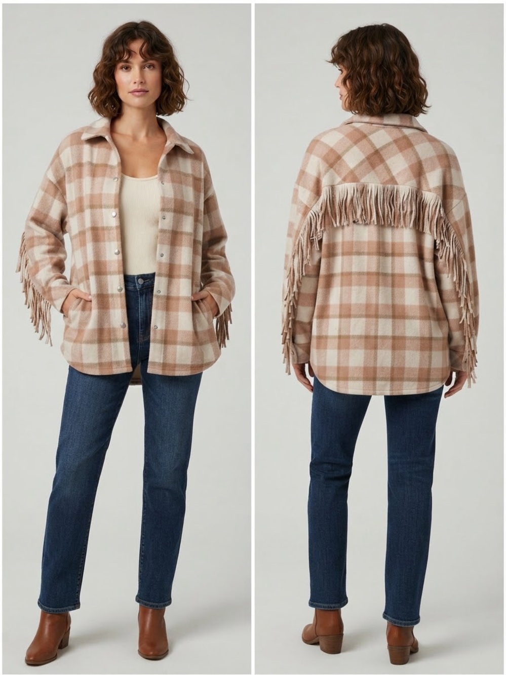 Pink Lily Fringe Plaid Shacket in Beige and Cream Oversized